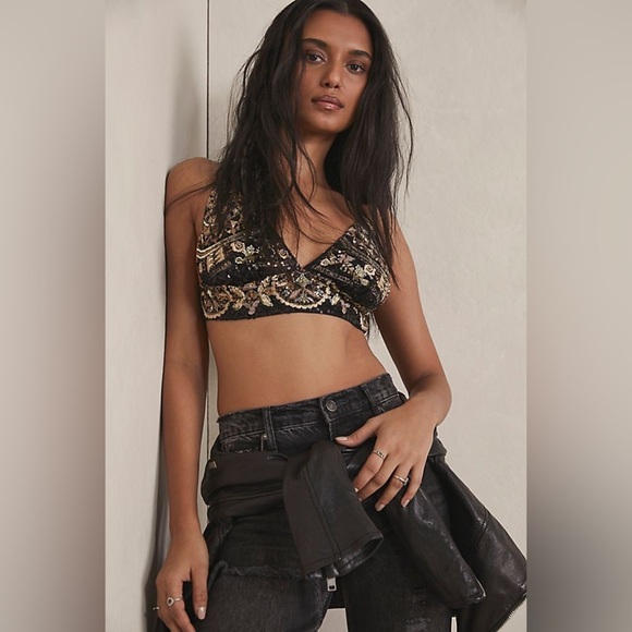 Free People Intimately Just Bead It Embellished Black Gold Bralette - Picture 1 of 11